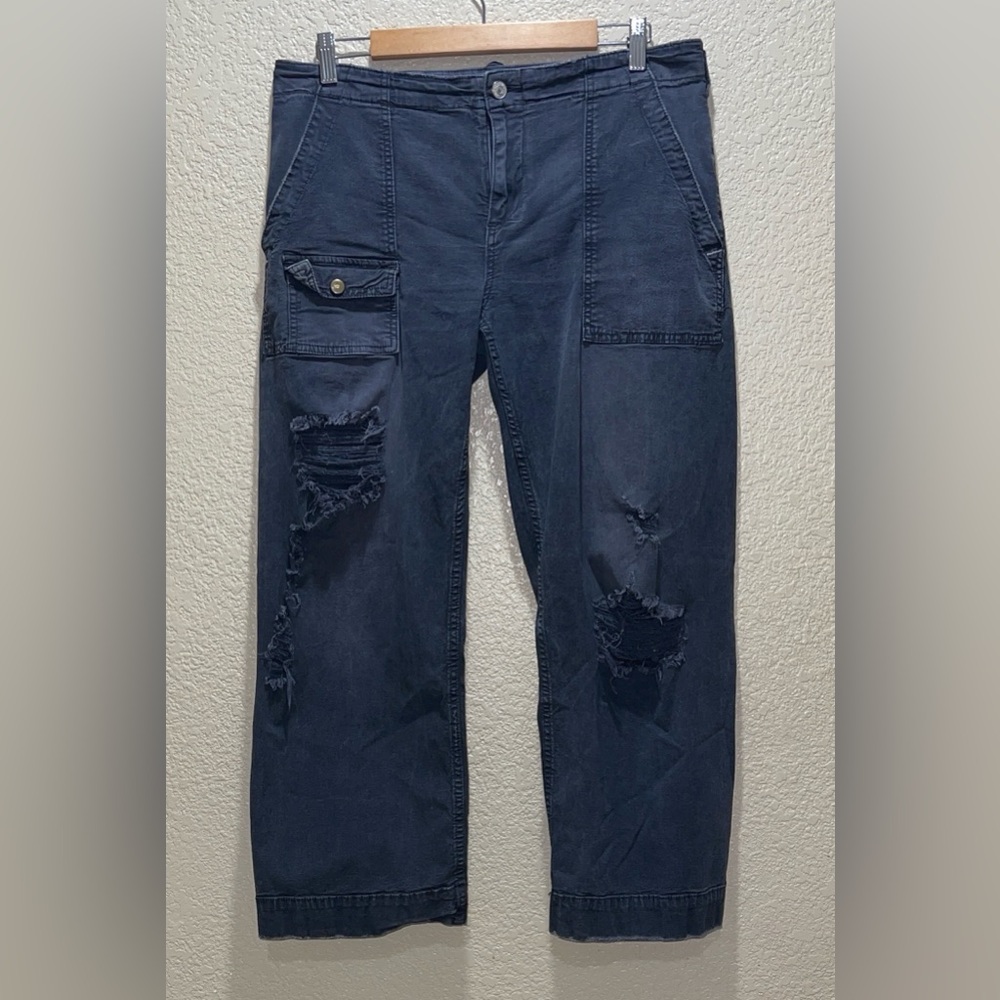 Pilcro Distressed Faded Black Cargo Pants with Brass Buttons
